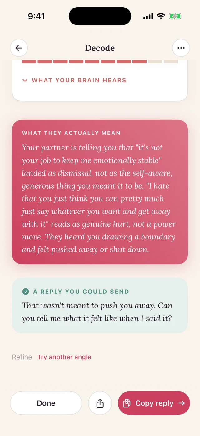 Rosely Decode: what a partner's message actually means, with a reply you could send