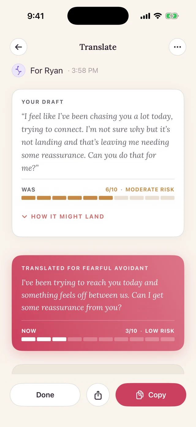 Rosely Translate: a draft rewritten for a fearful avoidant partner, risk dropping from 6/10 to 3/10
